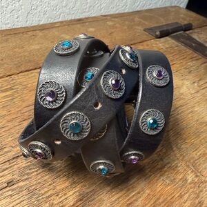 Johnny Was Black Leather Belt with Turquoise and Purple Accents